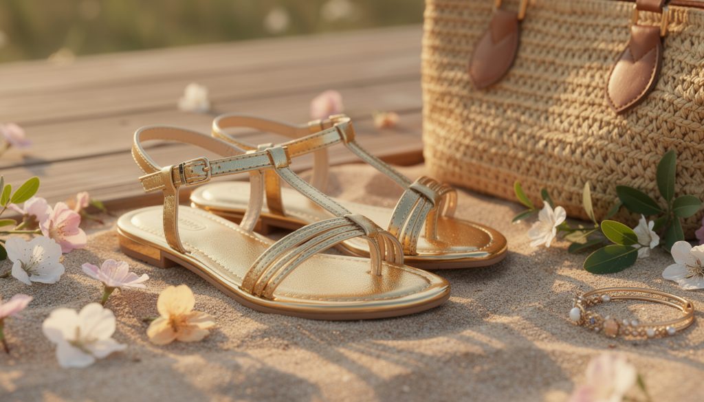 découvrez les sandales plates dorées, l'accessoire incontournable pour un look tendance et lumineux lors du printemps et de l'été.