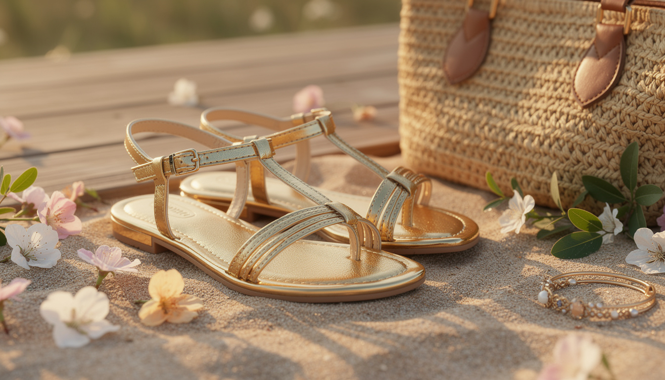 Sandales plates dorées : l&rsquo;accessoire tendance du printemps/été.